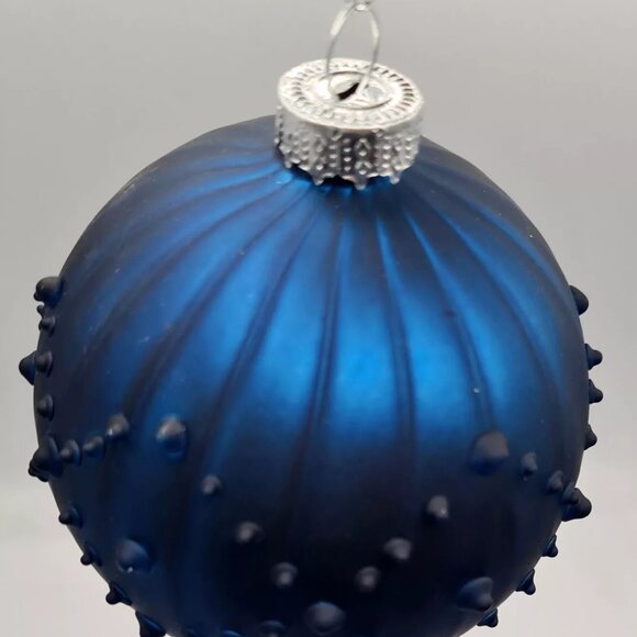 ndigo Blue Ball Finial Onion Textured Glass Ornament 4" Set 3 Christmas - Picture 8 of 8